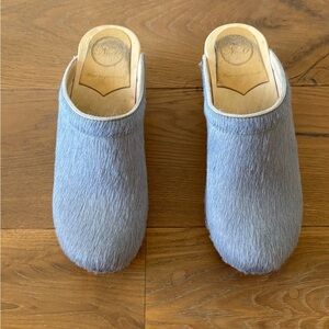 No. 6 Blue Fur Mules
Heel height is 2 3/8 inches